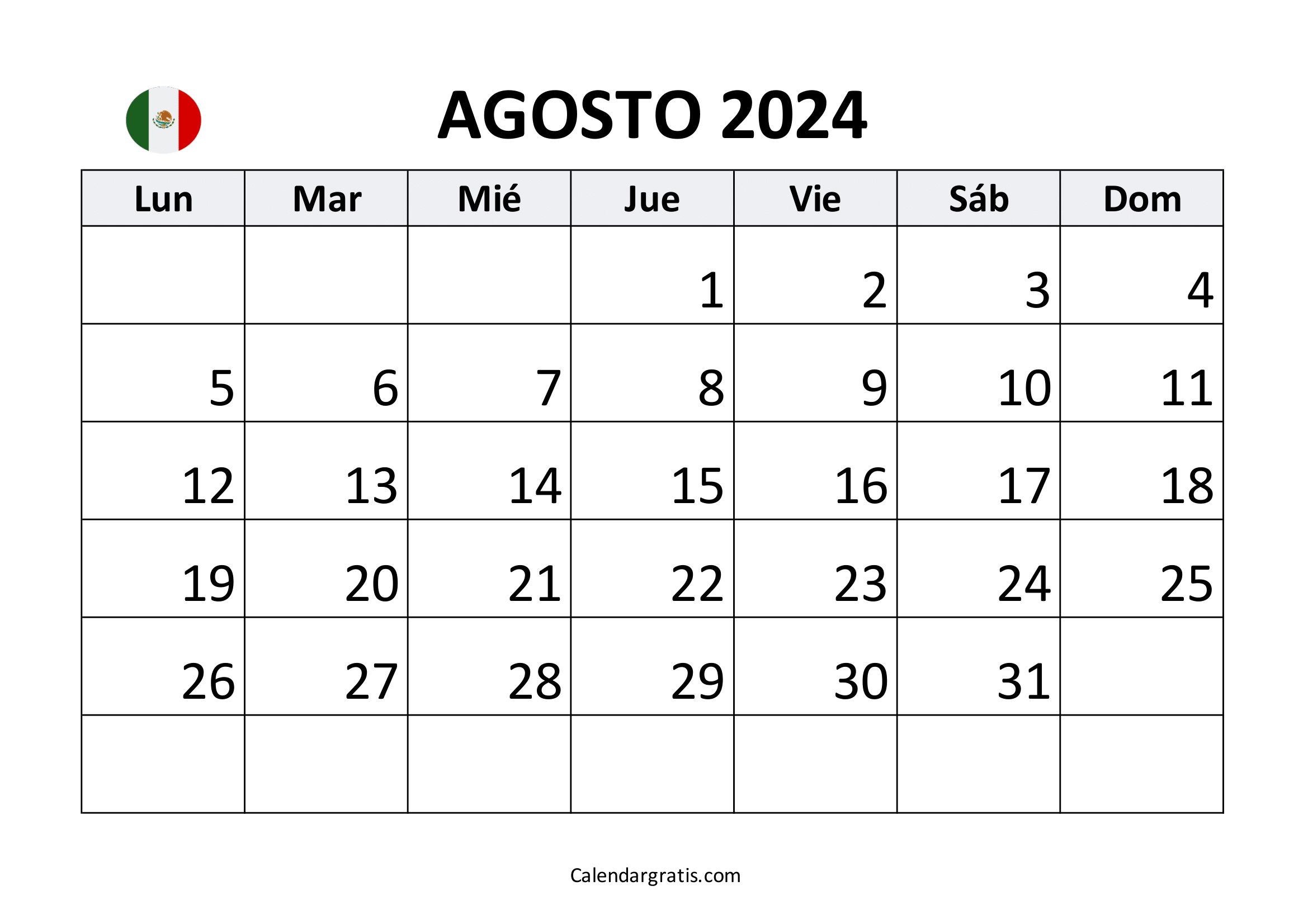 Calendario agosto 2024 para imprimir México