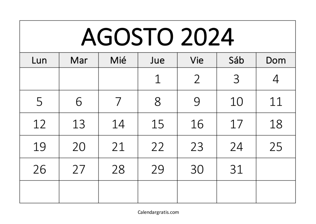 Calendario agosto 2024 para imprimir gratis