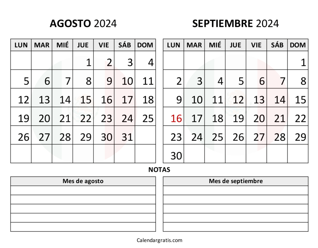 Calendario agosto septiembre 2024 México