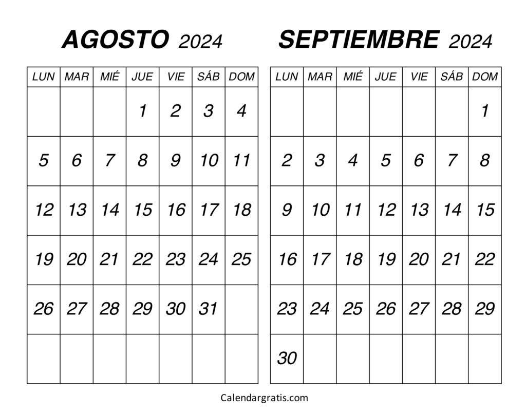 Calendario agosto septiembre 2024 para imprimir