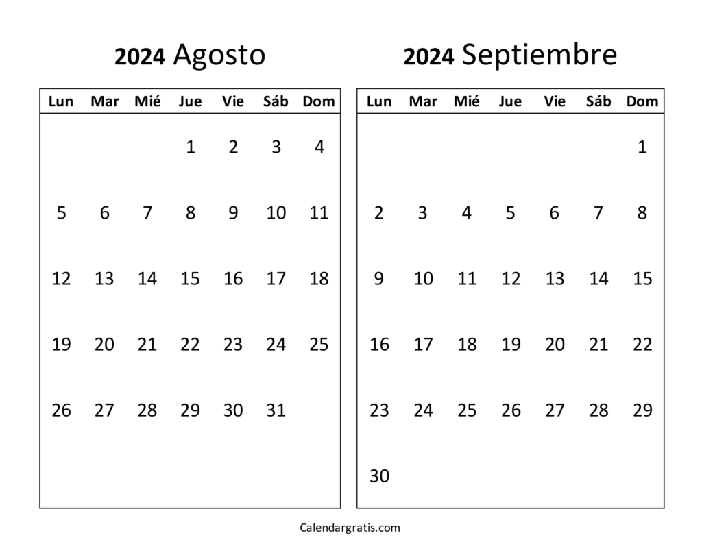 Calendario agosto septiembre 2024 para imprimir gratis