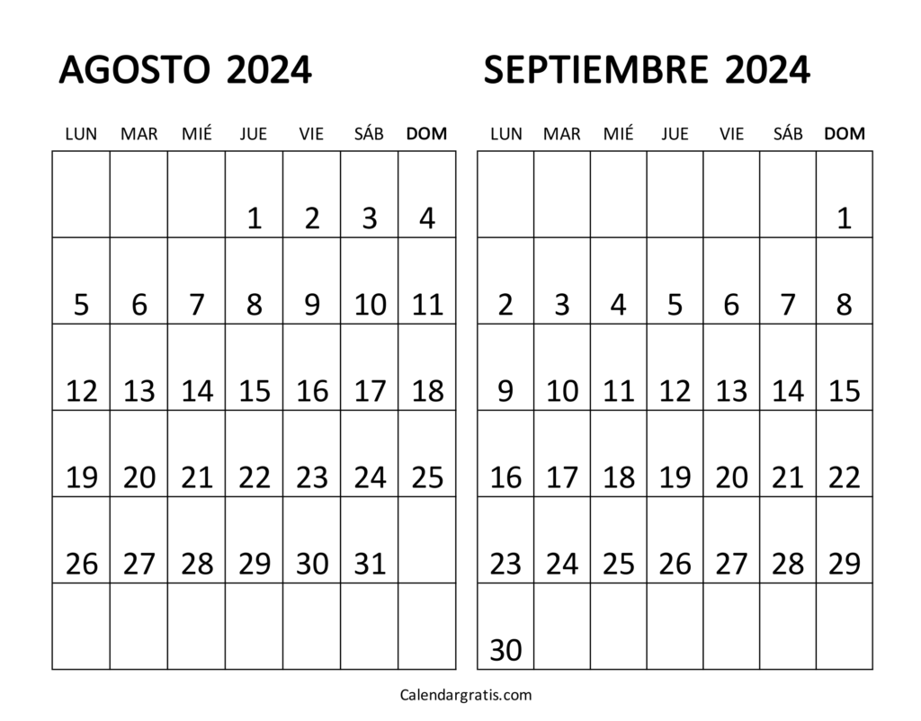 Calendario agosto y septiembre 2024