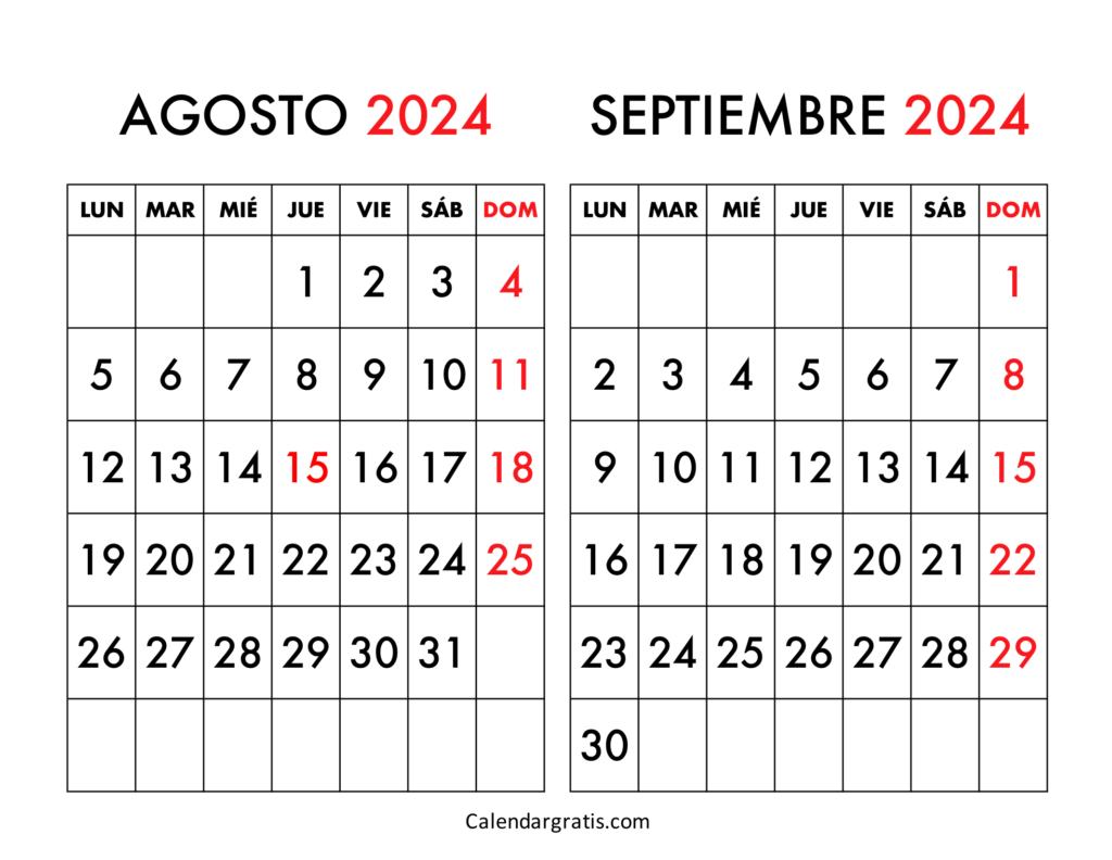 Calendario agosto y septiembre 2024 España