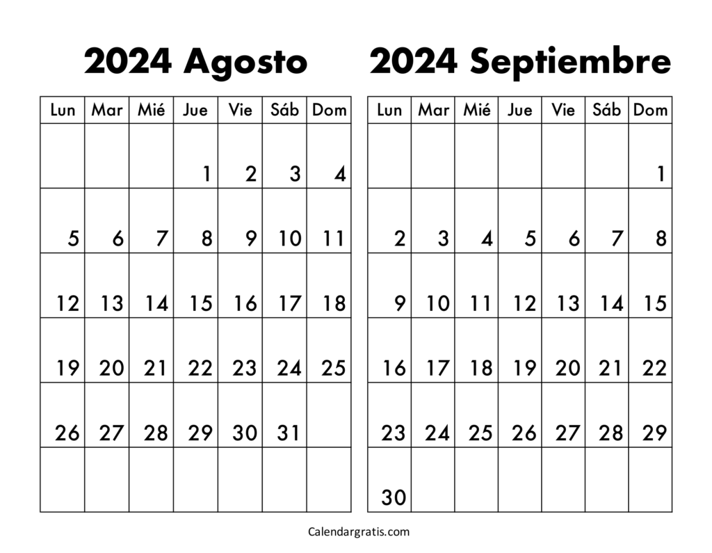 Calendario agosto y septiembre 2024 para imprimir