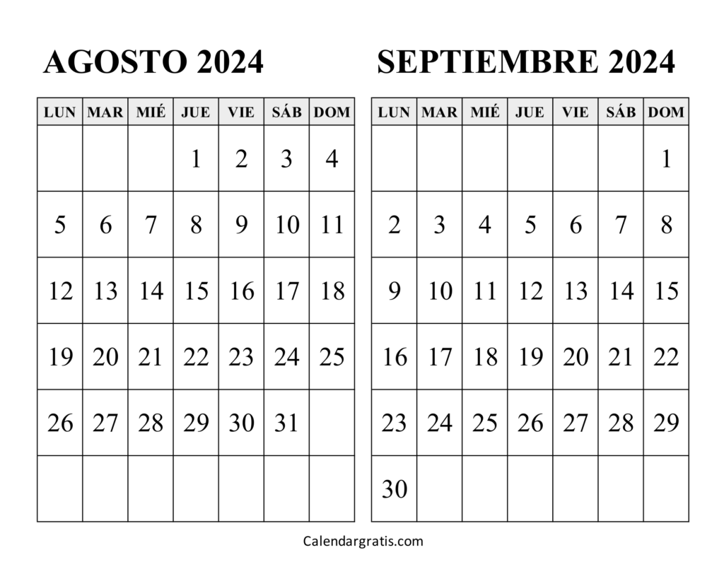 Calendario agosto y septiembre 2024 para imprimir gratis
