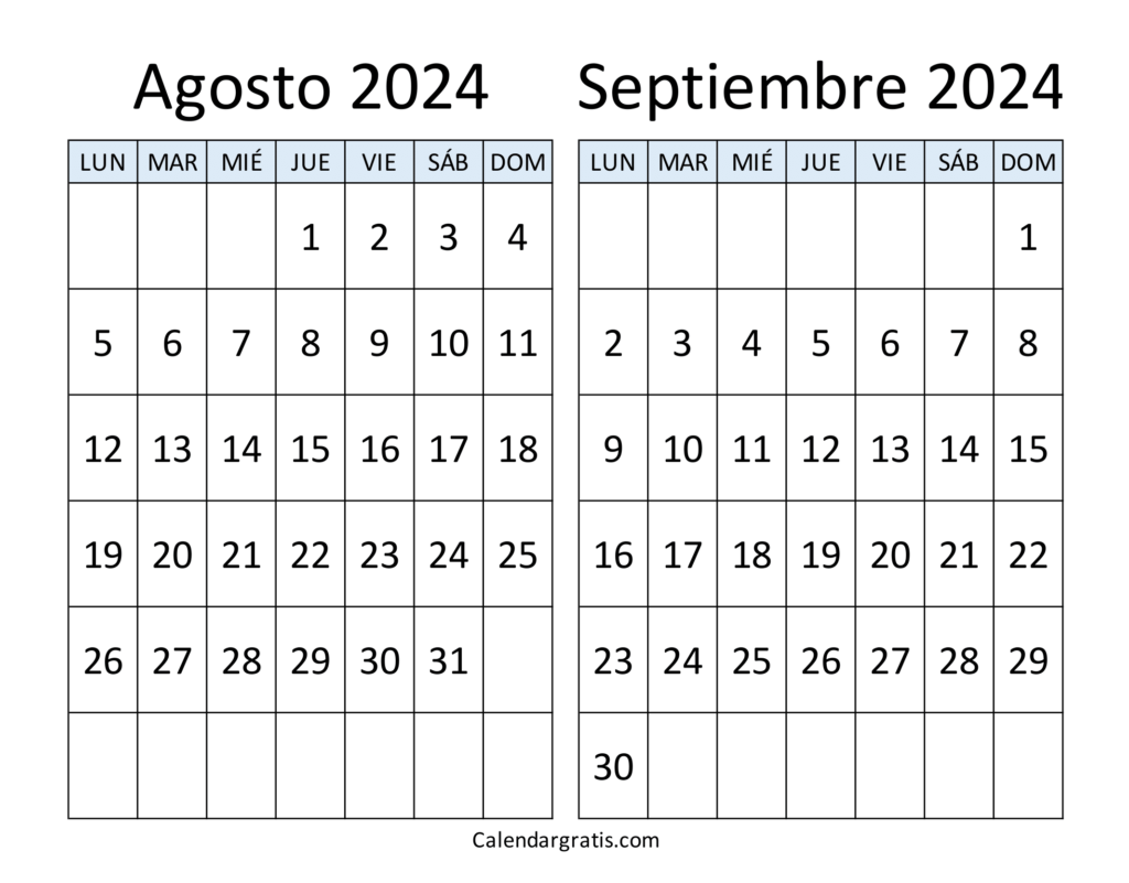 Agosto septiembre 2024 calendario