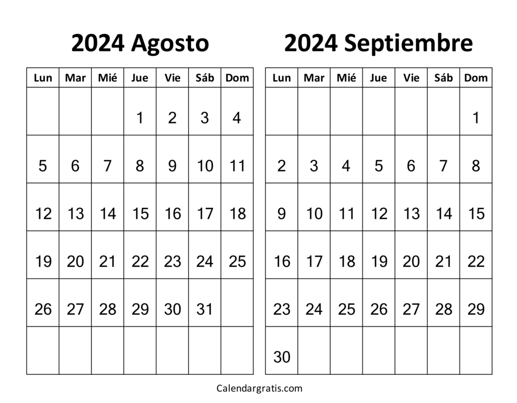 Agosto septiembre 2024 calendario gratis