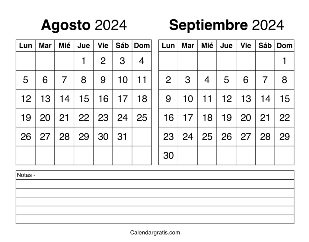 Agosto septiembre 2024 calendario para imprimir