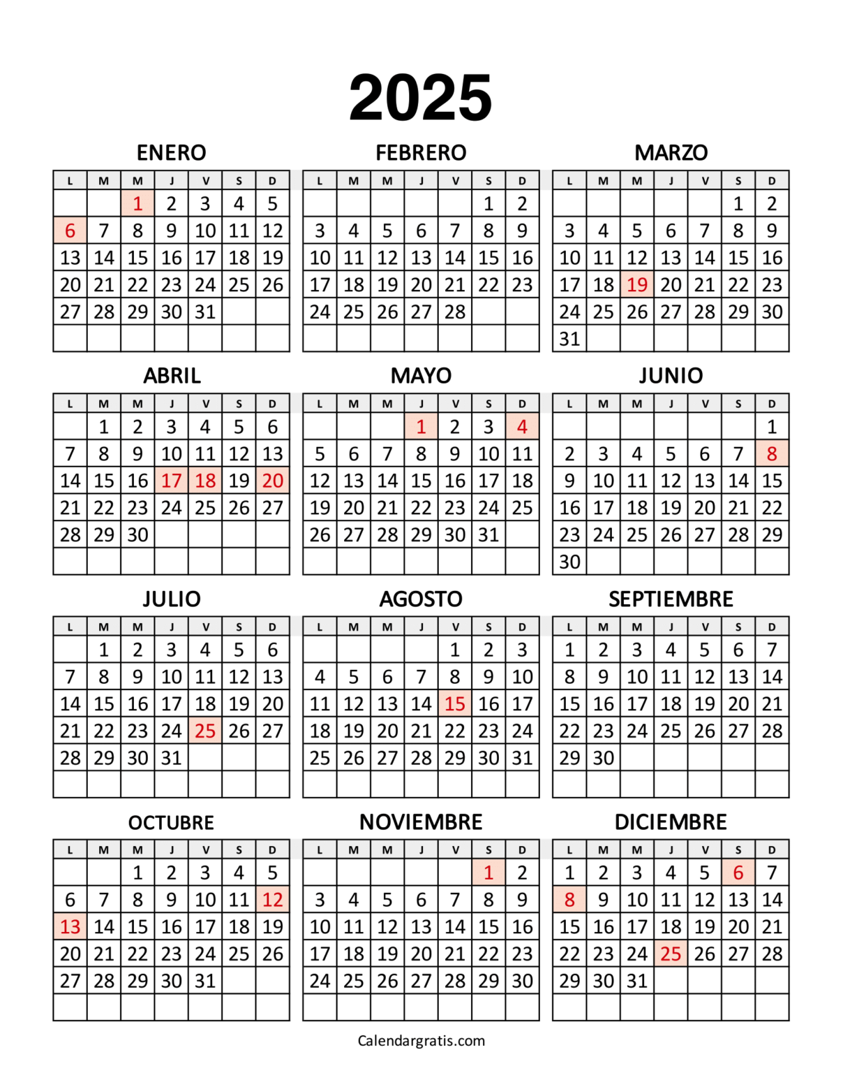 Calendario España 2025 Con Festivos Para Imprimir Excel, PDF y PNG