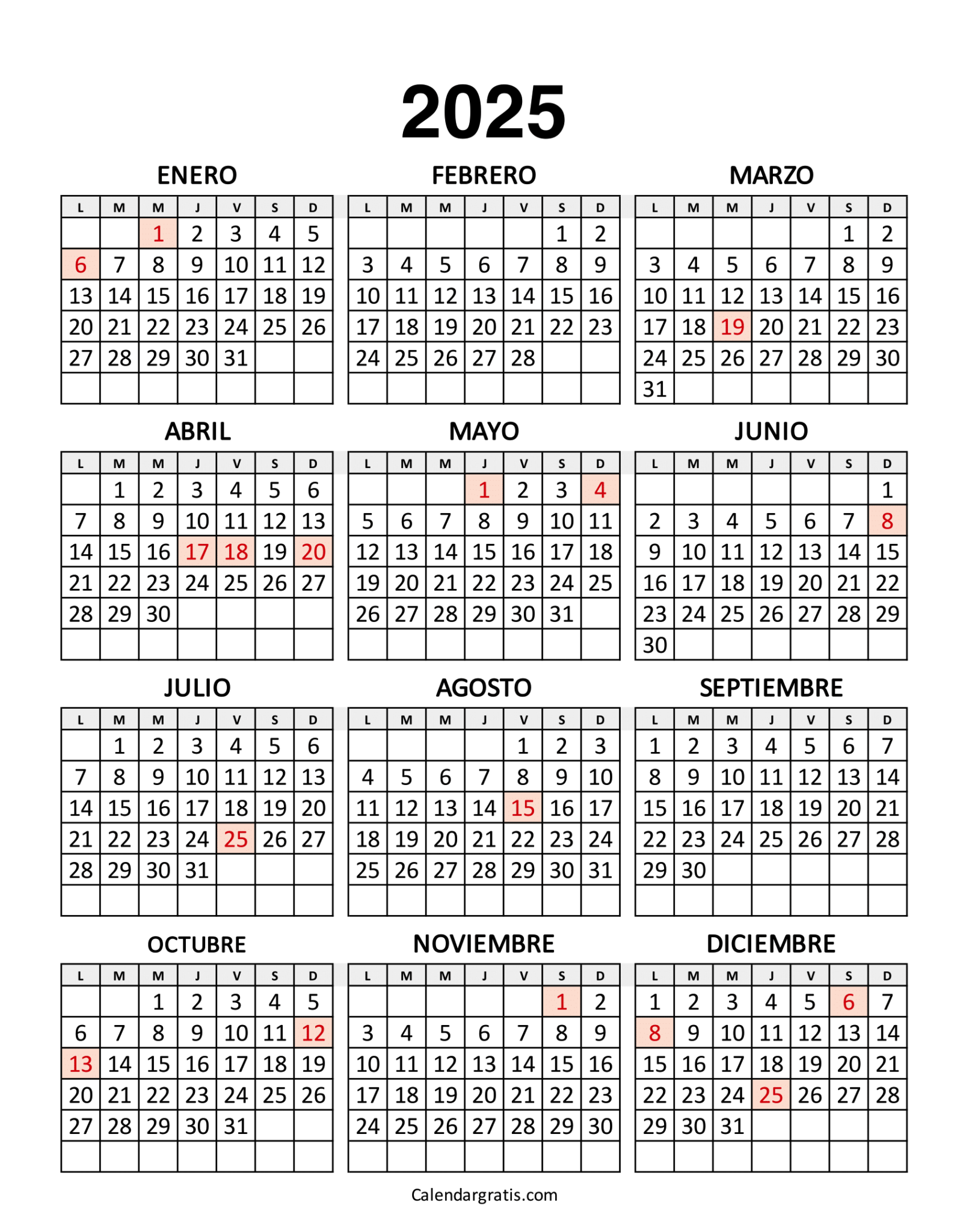 Calendario España 2025 Con Festivos Para Imprimir Excel, PDF y PNG