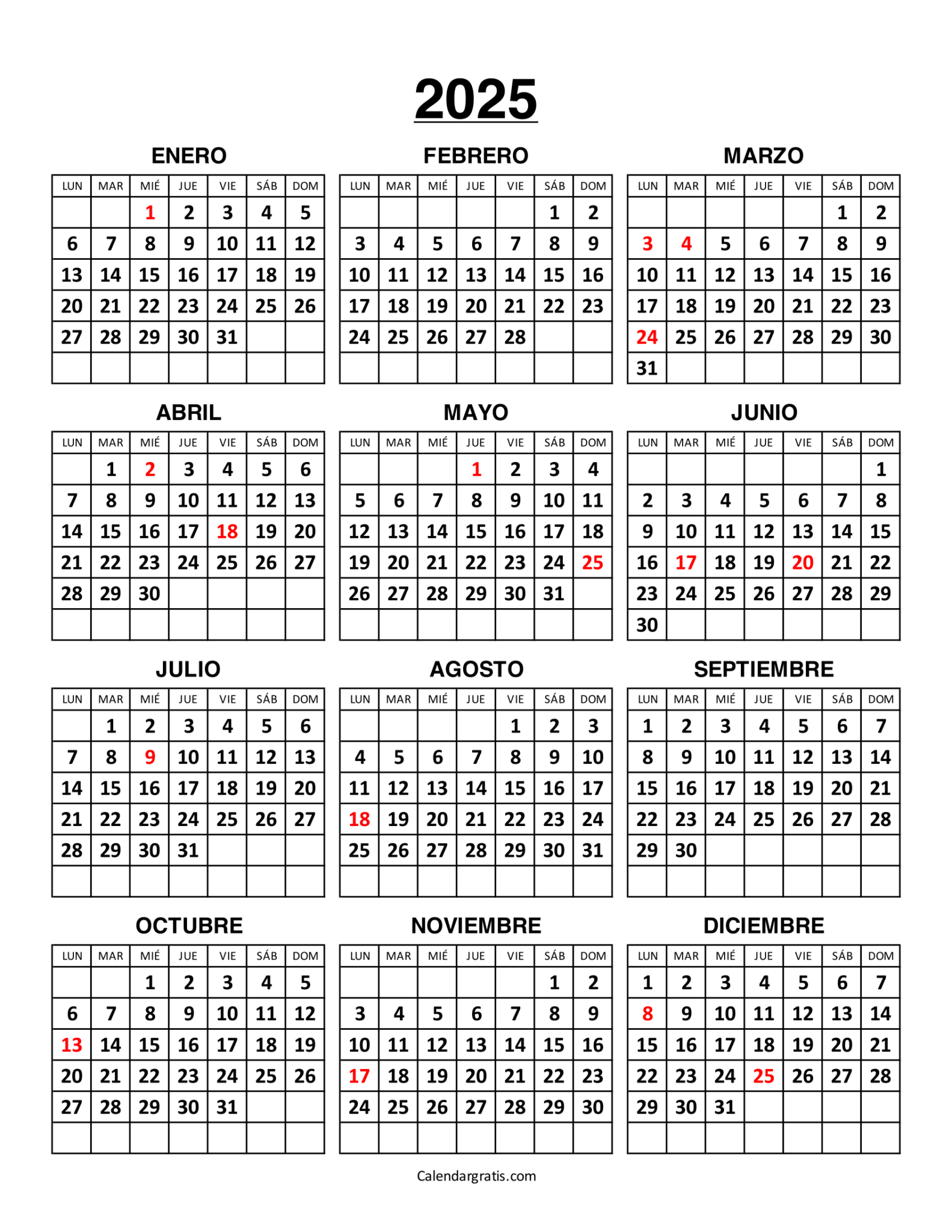 Calendario Argentina 2025 con feriados para imprimir (Excel, PDF Y PNG)