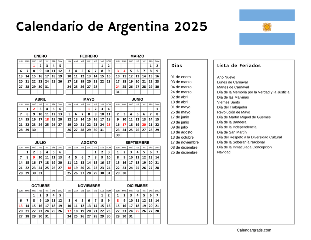 Calendario Argentina 2025 para imprimir gratis