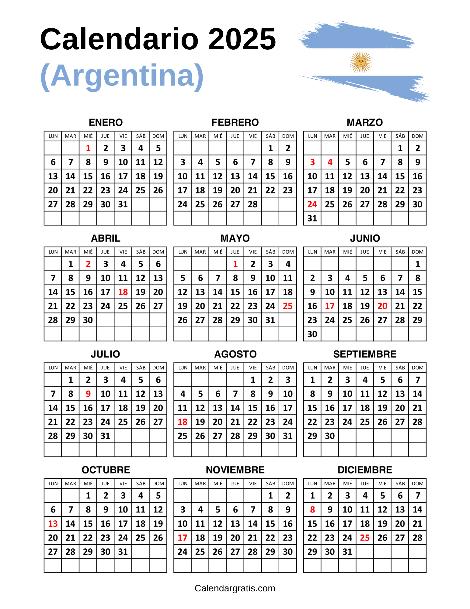 Calendario Argentina 2025 para imprimir
