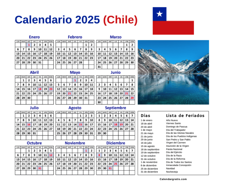 Calendario Chile 2025 con feriados para imprimir (Excel, PDF Y PNG)