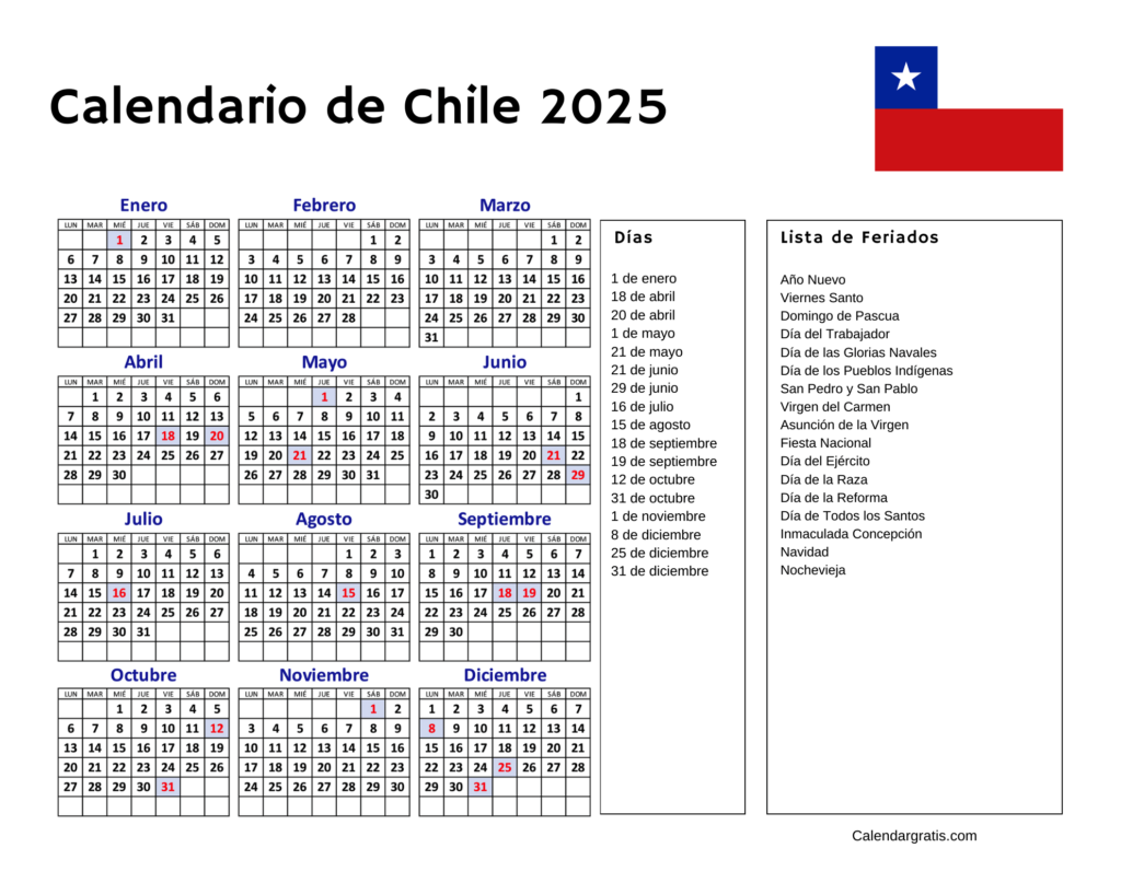 Calendario Chile 2025 con feriados para imprimir (Excel, PDF Y PNG)