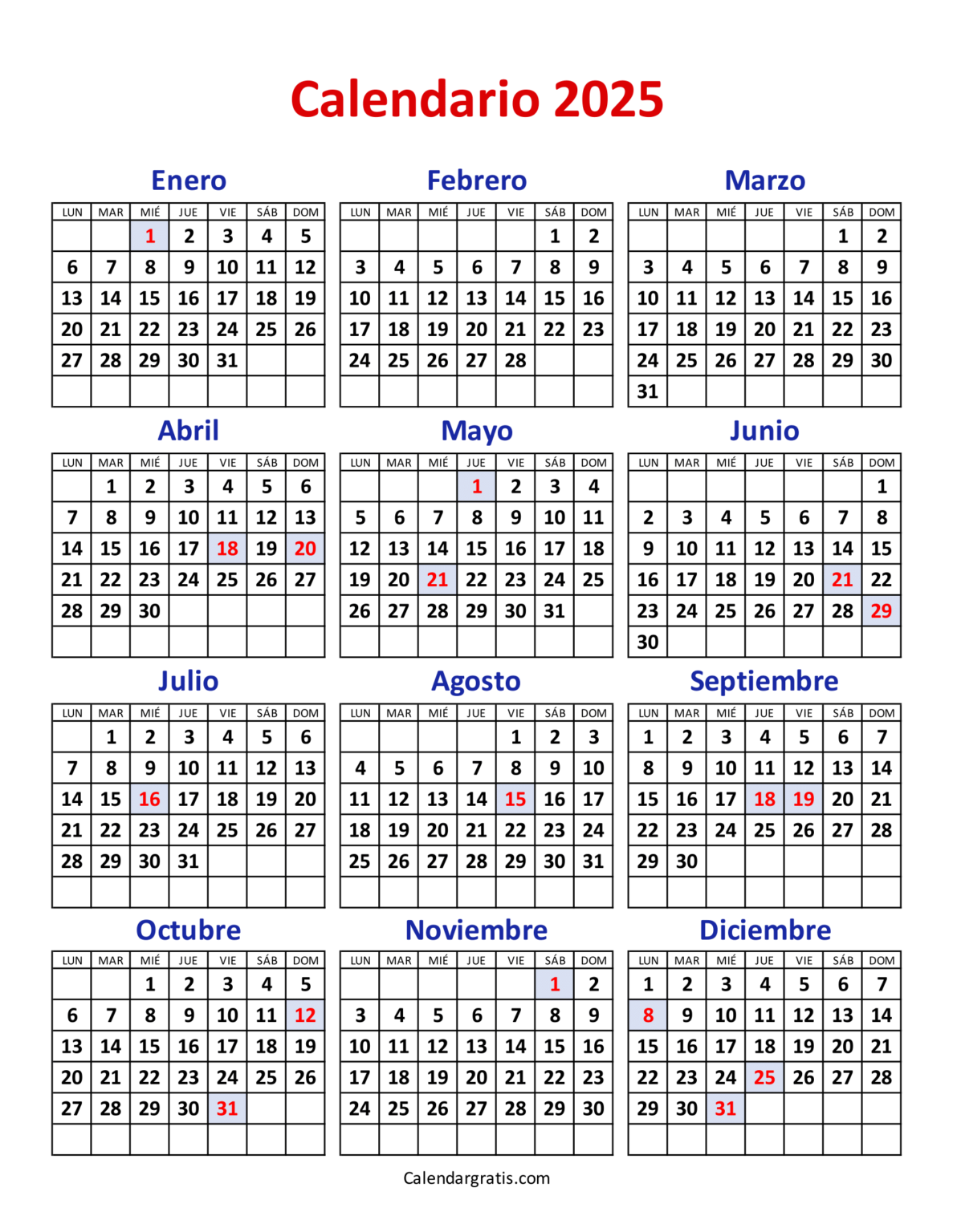 Calendario Chile 2025 con feriados para imprimir (Excel, PDF Y PNG)