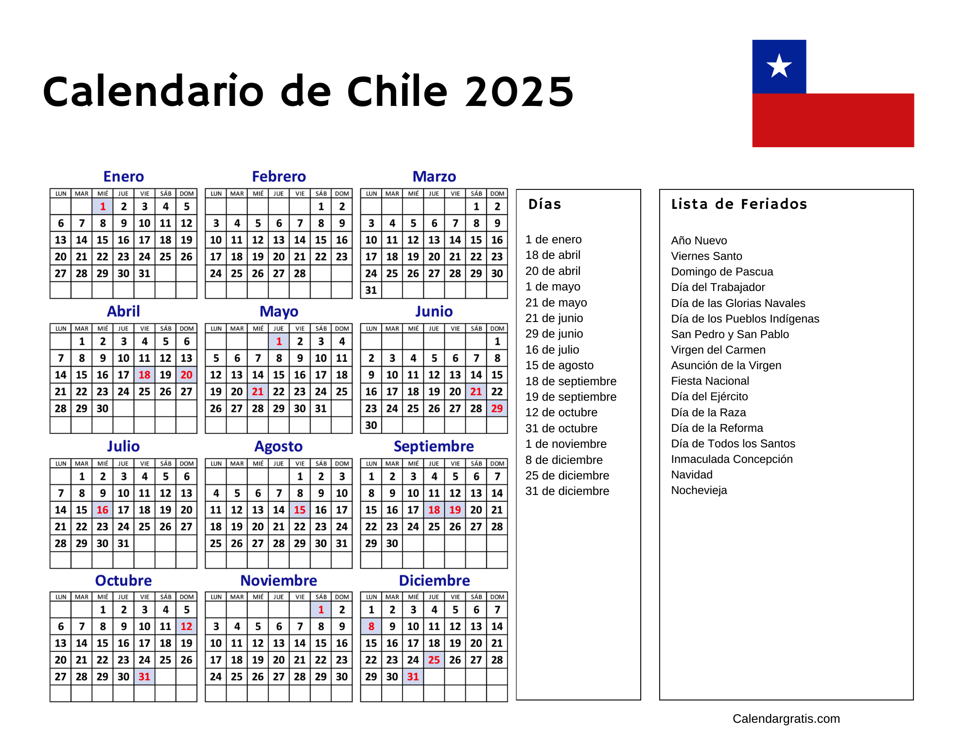 Calendario Chile 2025 para imprimir