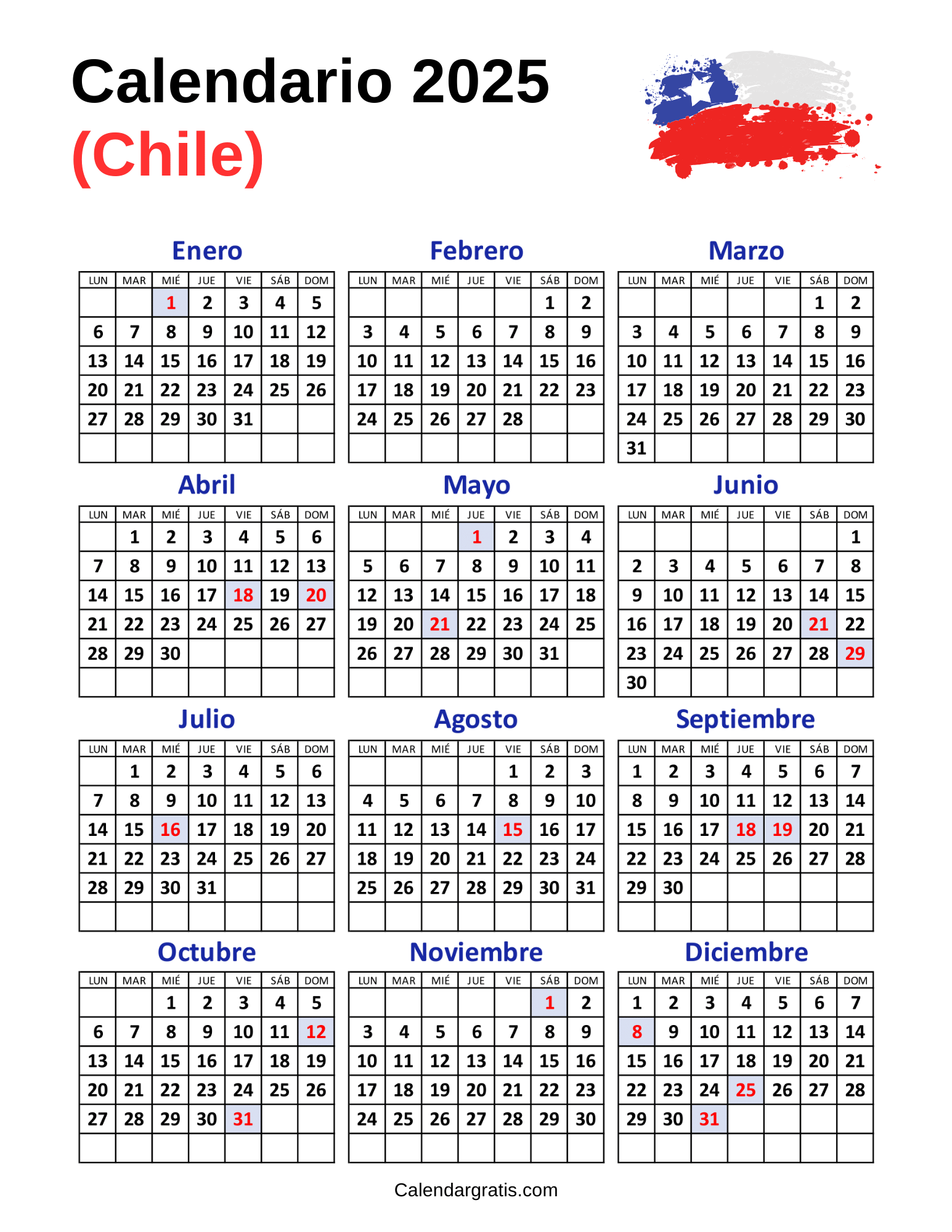 Calendario Chile 2025 con feriados para imprimir (Excel, PDF Y PNG)