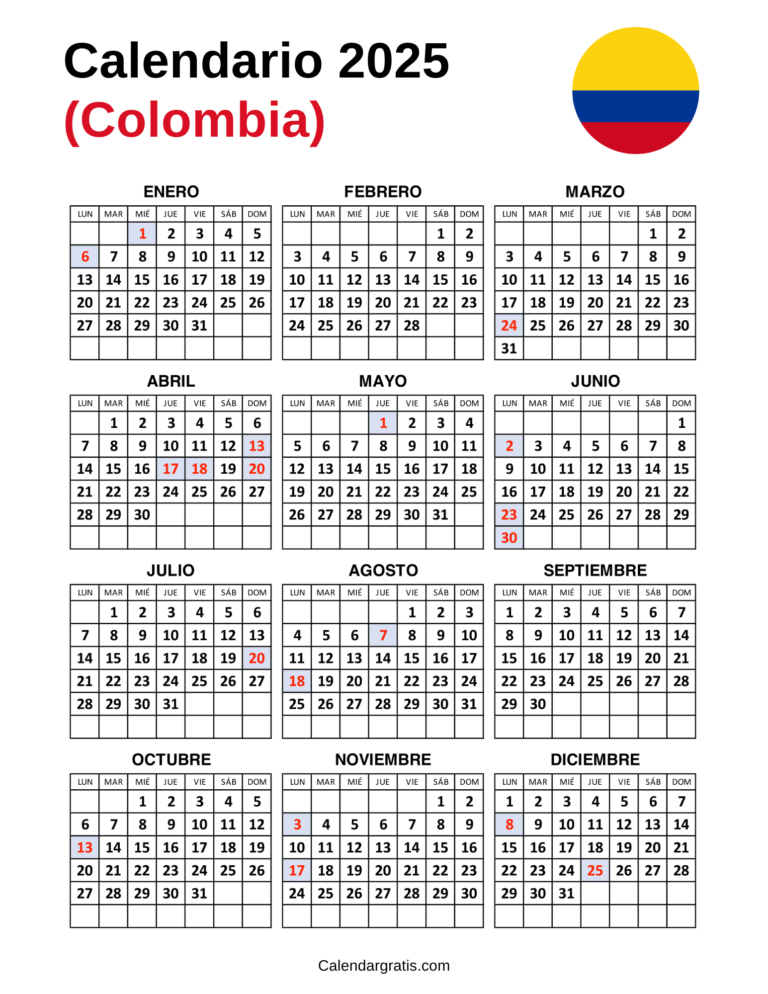 Calendario Colombia 2025 para imprimir Lista de festivos