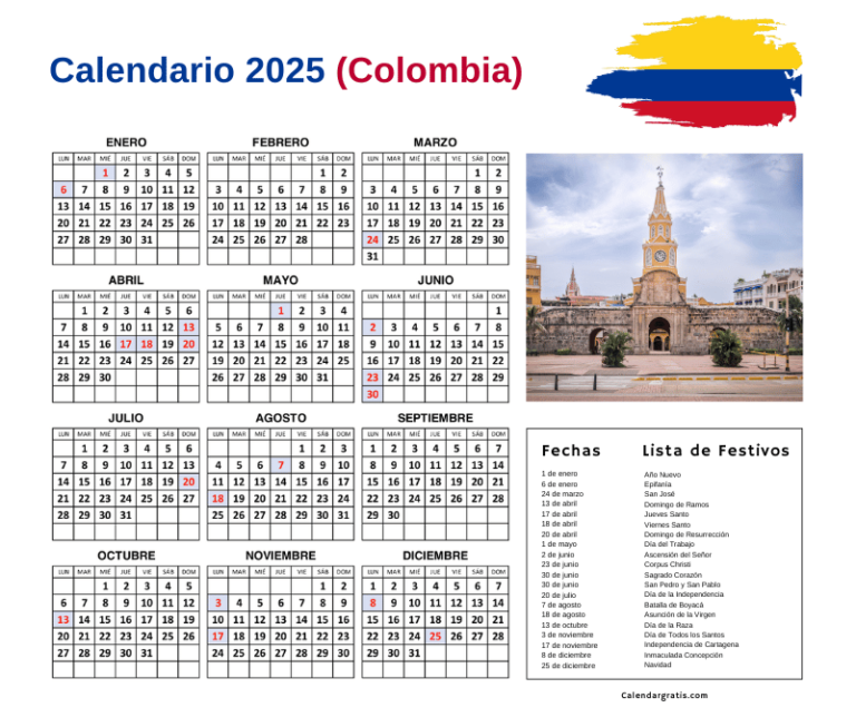 Calendario Colombia 2025 para imprimir Lista de festivos