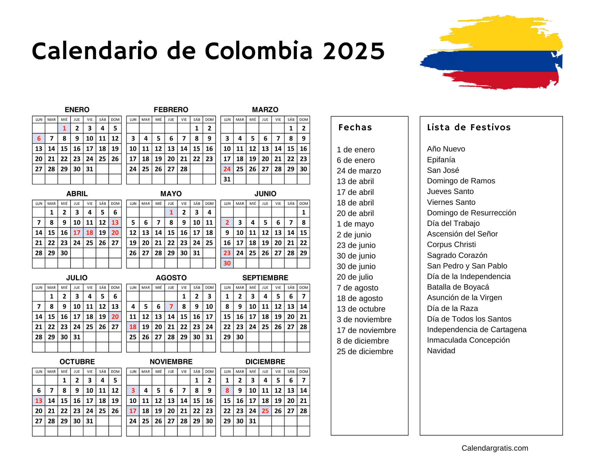 Calendario Colombia 2025 para imprimir Lista de festivos