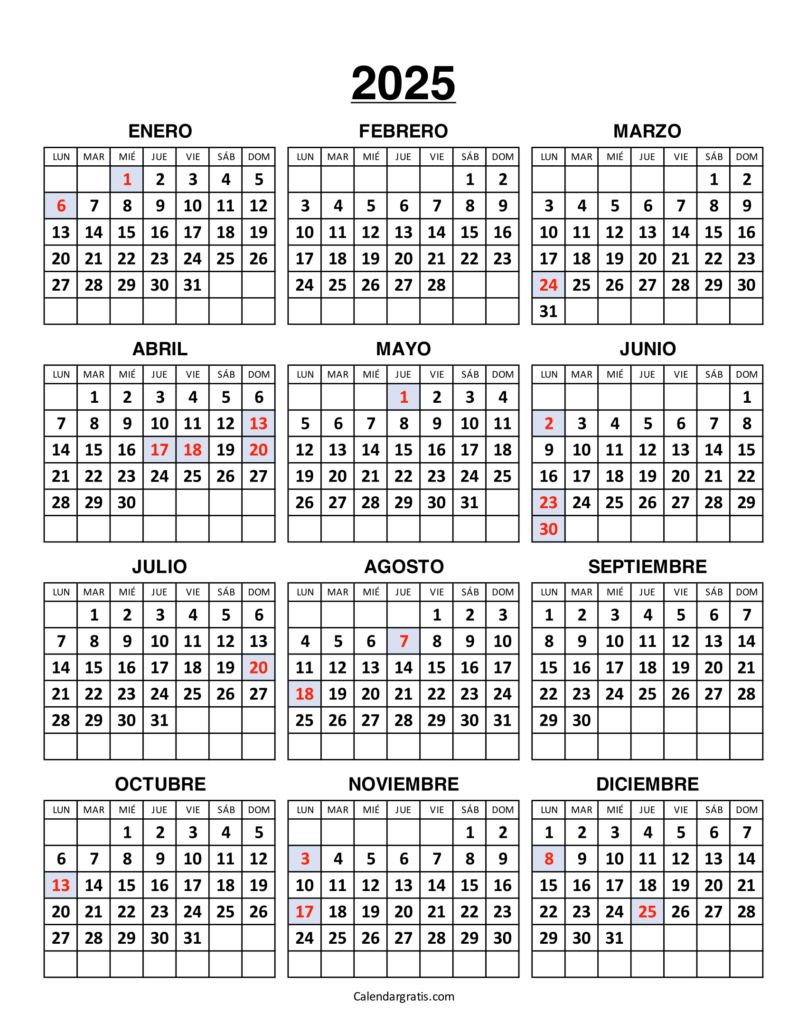 Calendario Colombia 2025 para imprimir