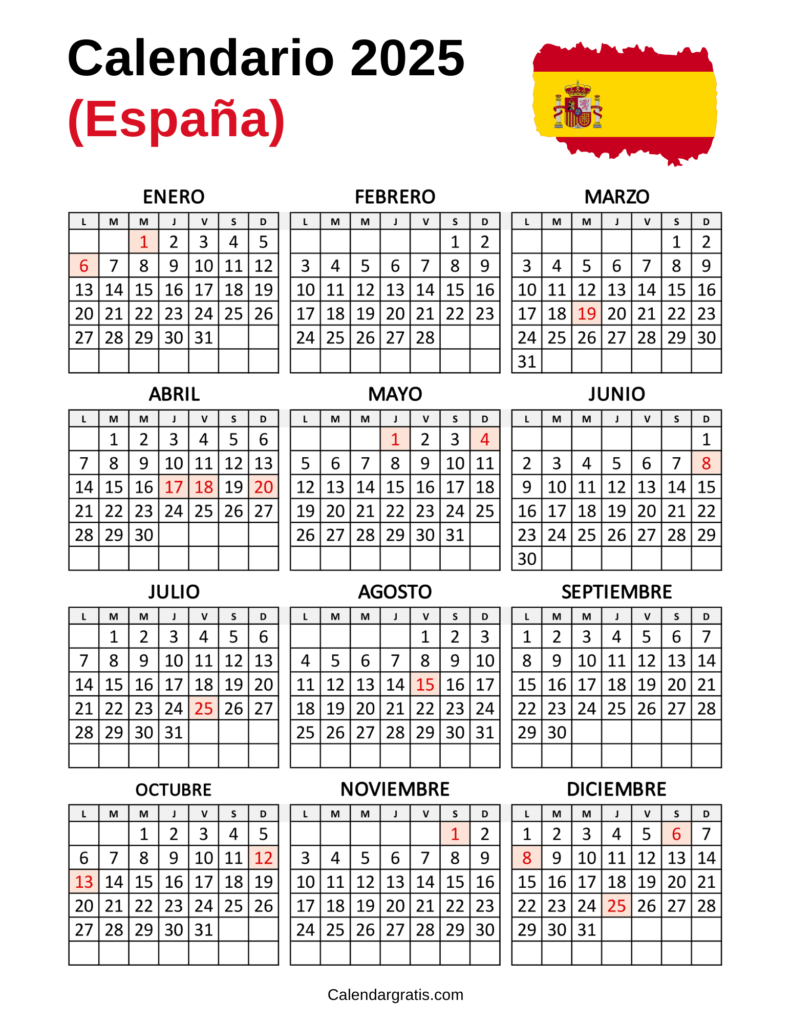 Calendario España 2025 imprimir