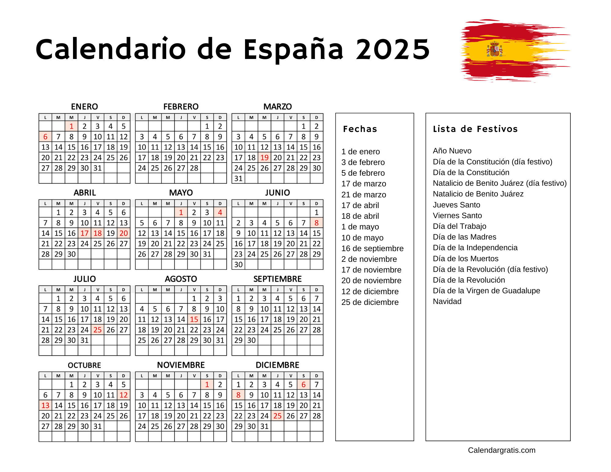 Calendario España 2025 Con Festivos Para Imprimir Excel, PDF y PNG