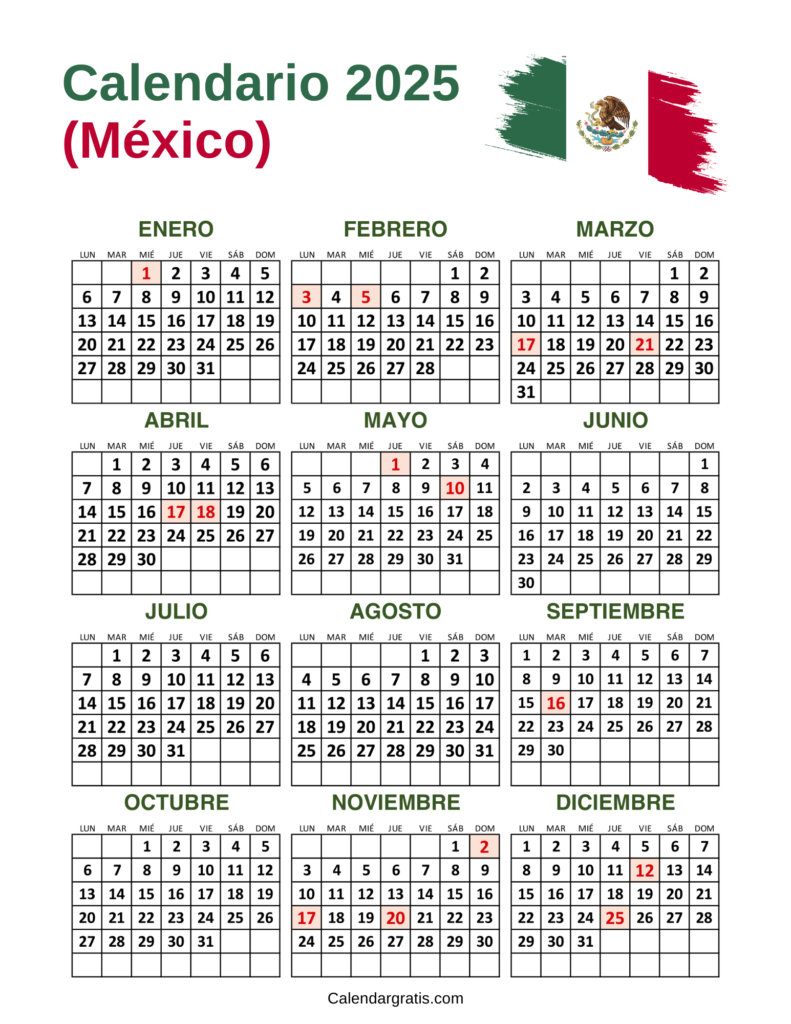 Calendario México 2025 con días festivos