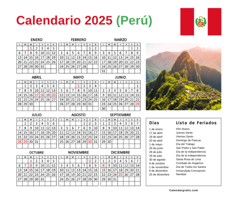 Calendario Perú 2025 con feriados para imprimir (Excel, PDF y PNG)