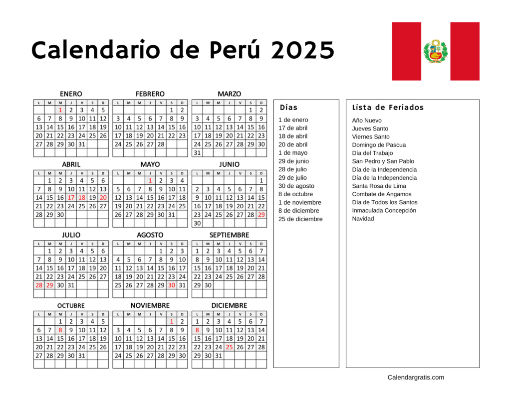 Calendario Perú 2025 festivos