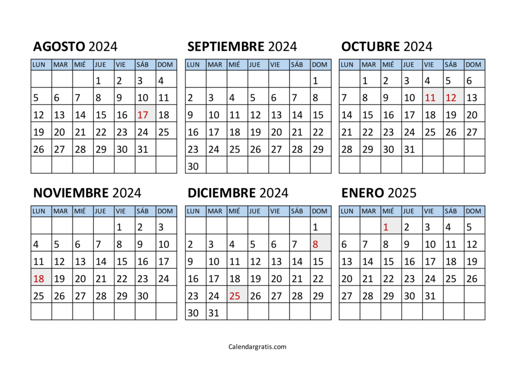 Calendario agosto 2024 a enero 2025 Argentina