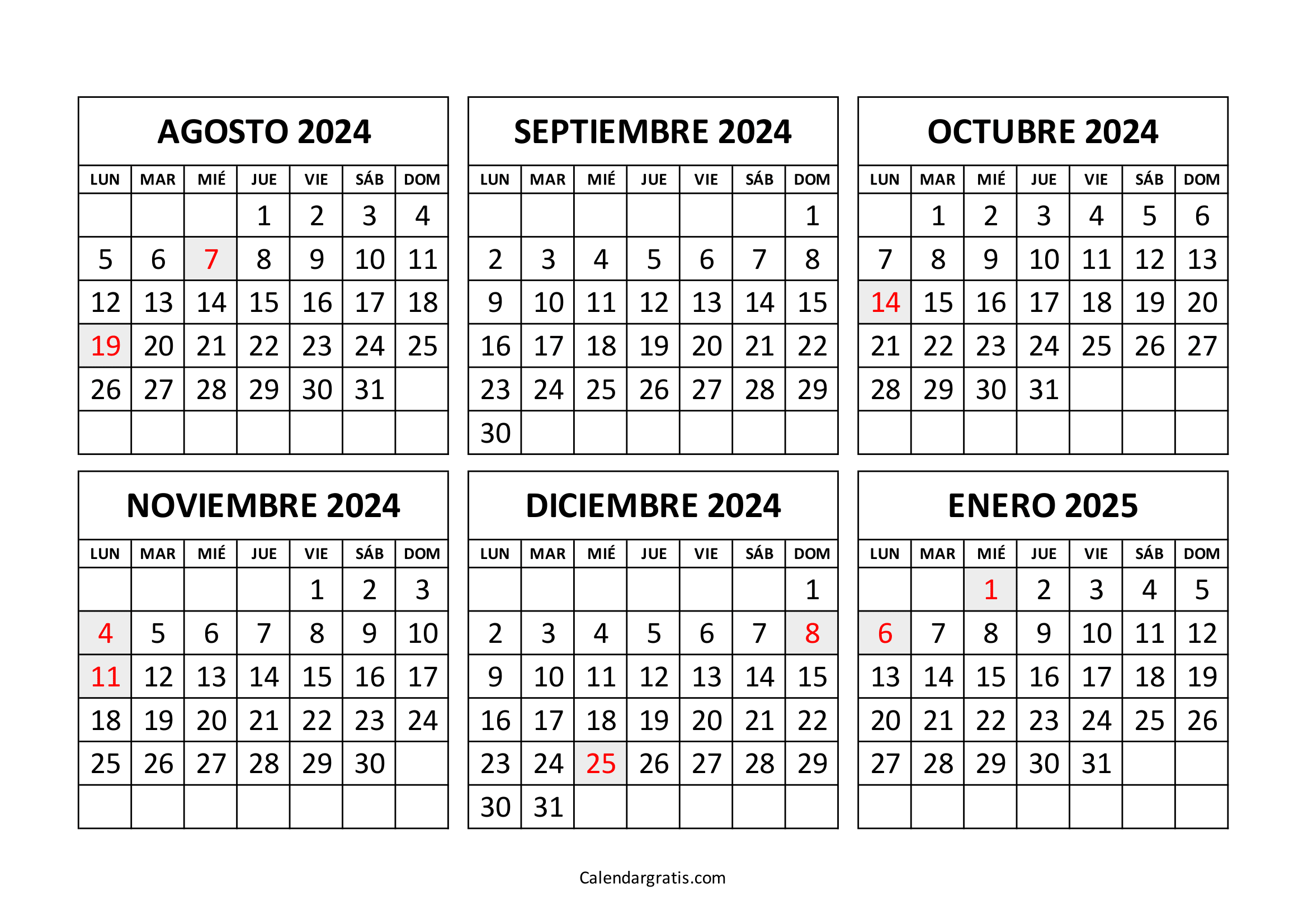 Calendario agosto 2024 a enero 2025 Colombia