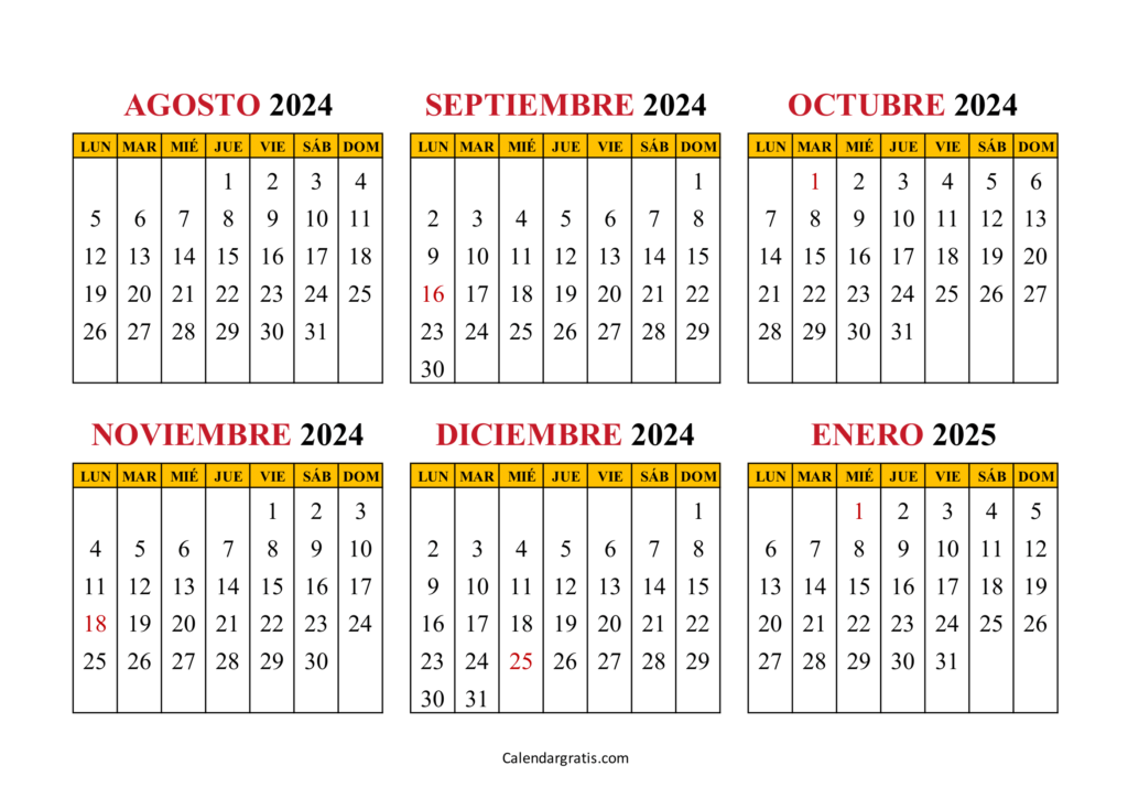 Calendario agosto 2024 a enero 2025 España