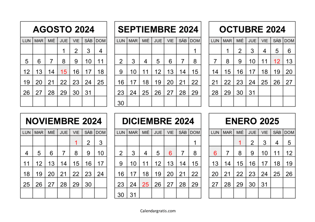 Calendario agosto 2024 a enero 2025 México