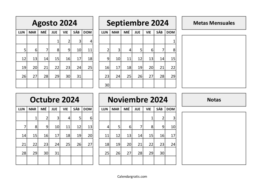 Calendario agosto septiembre octubre noviembre 2024