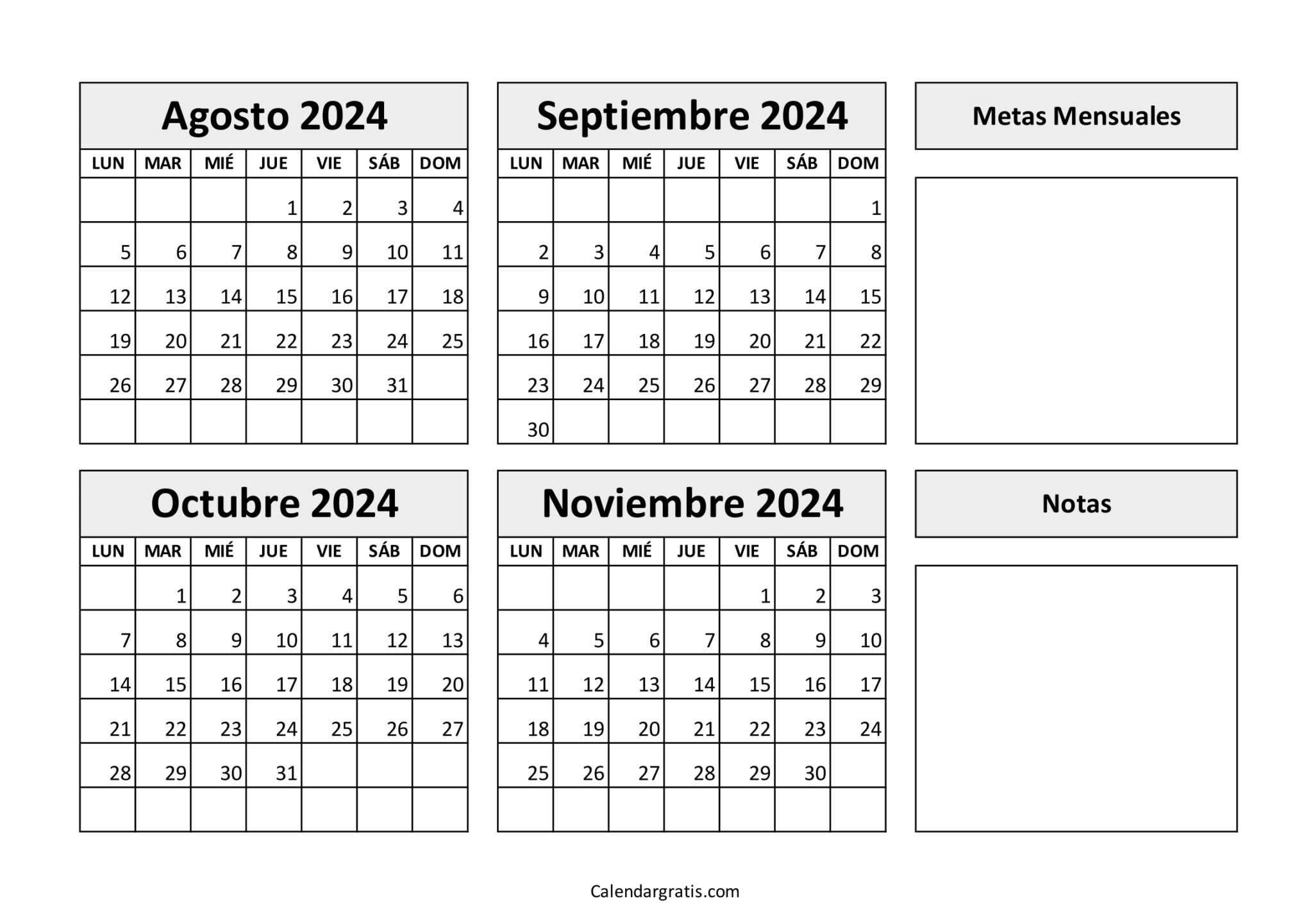 Calendario agosto septiembre octubre noviembre 2024 Excel, PDF y PNG