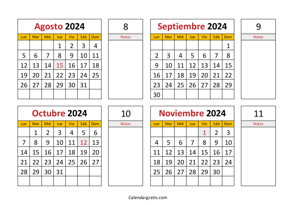 Calendario agosto septiembre octubre noviembre 2024 España