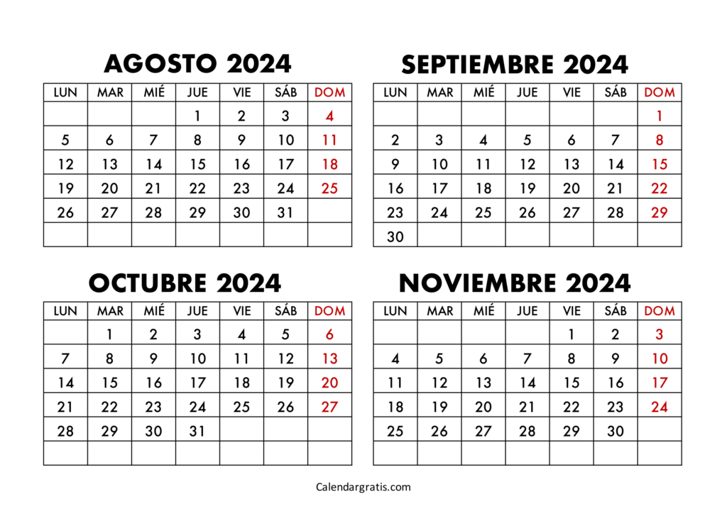 Calendario agosto septiembre octubre noviembre 2024 gratis