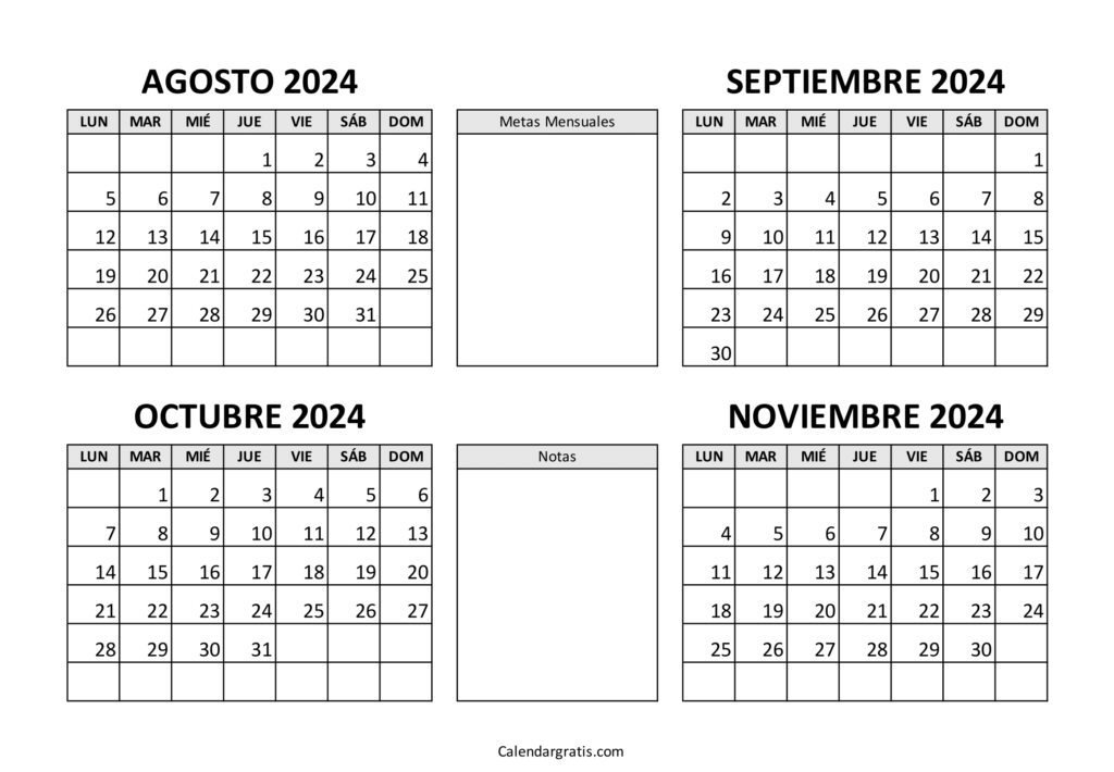 Calendario agosto septiembre octubre noviembre 2024 para imprimir