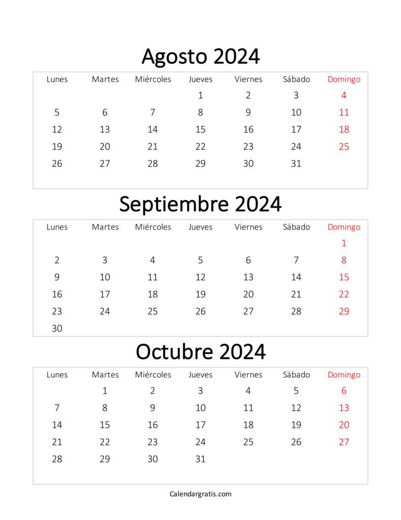 Calendario agosto septiembre y octubre 2024