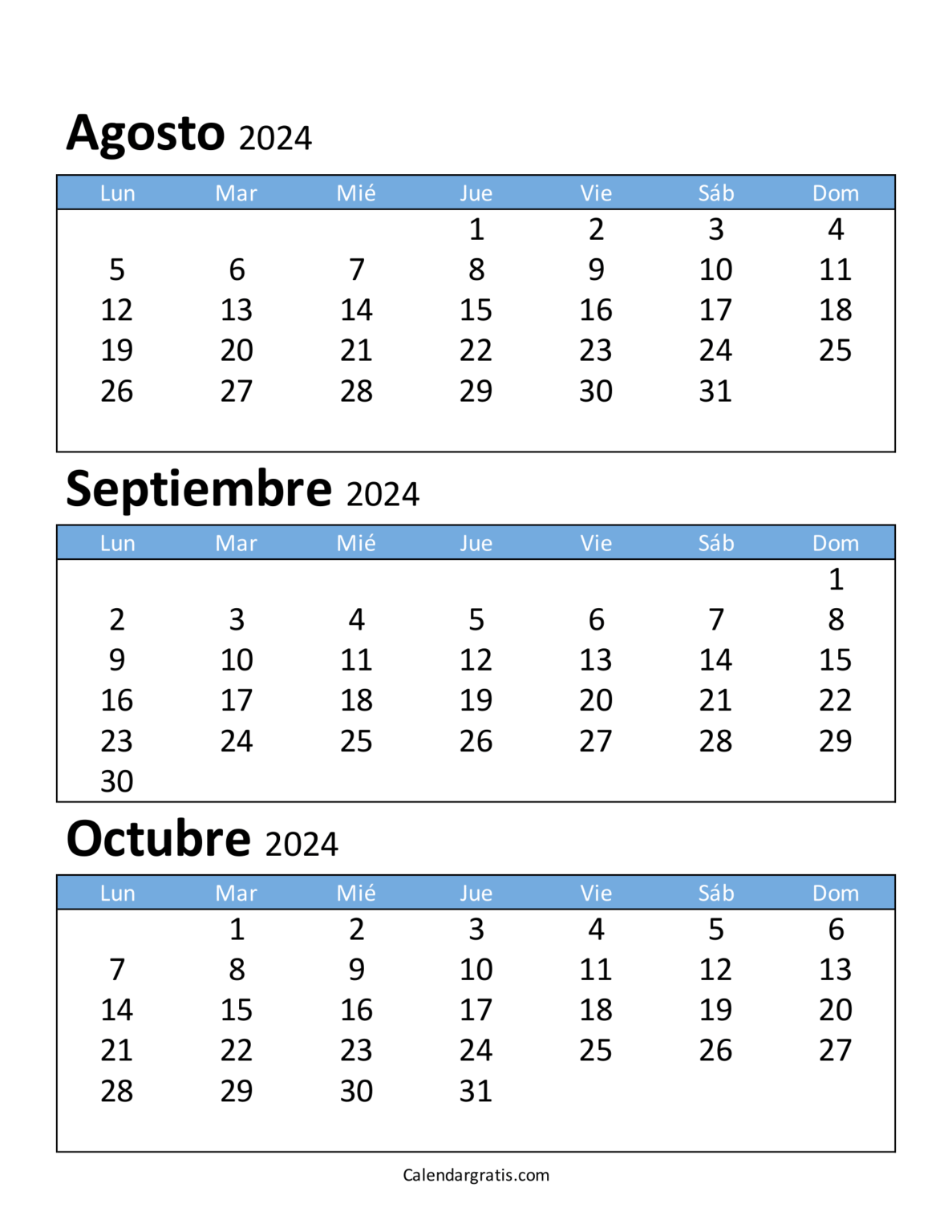 Calendario agosto septiembre y octubre 2024 Excel, PDF y PNG