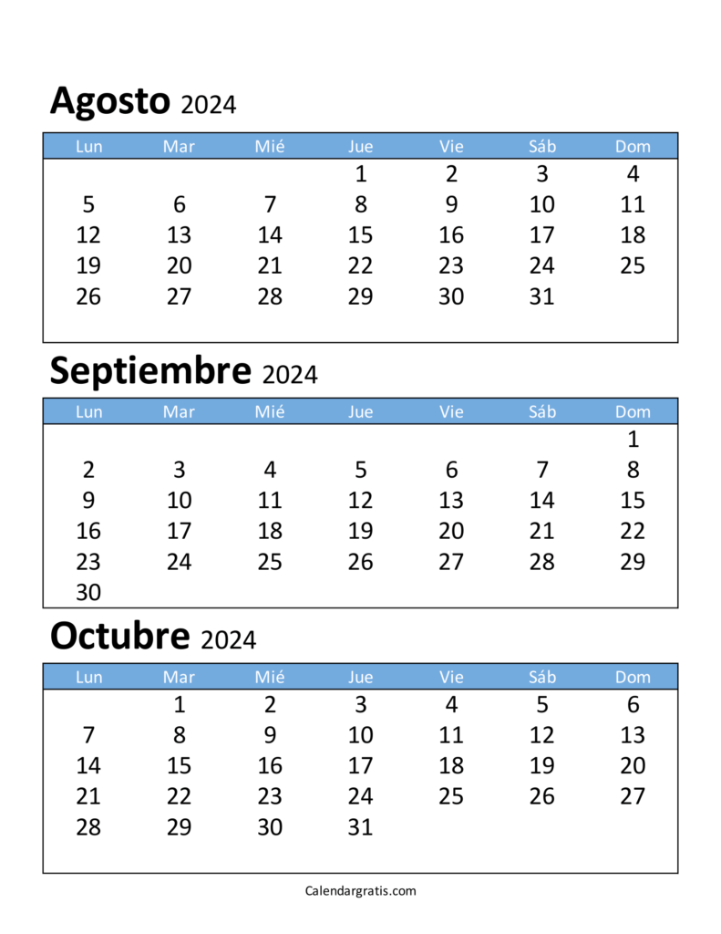 Calendario agosto septiembre y octubre 2024 Argentina