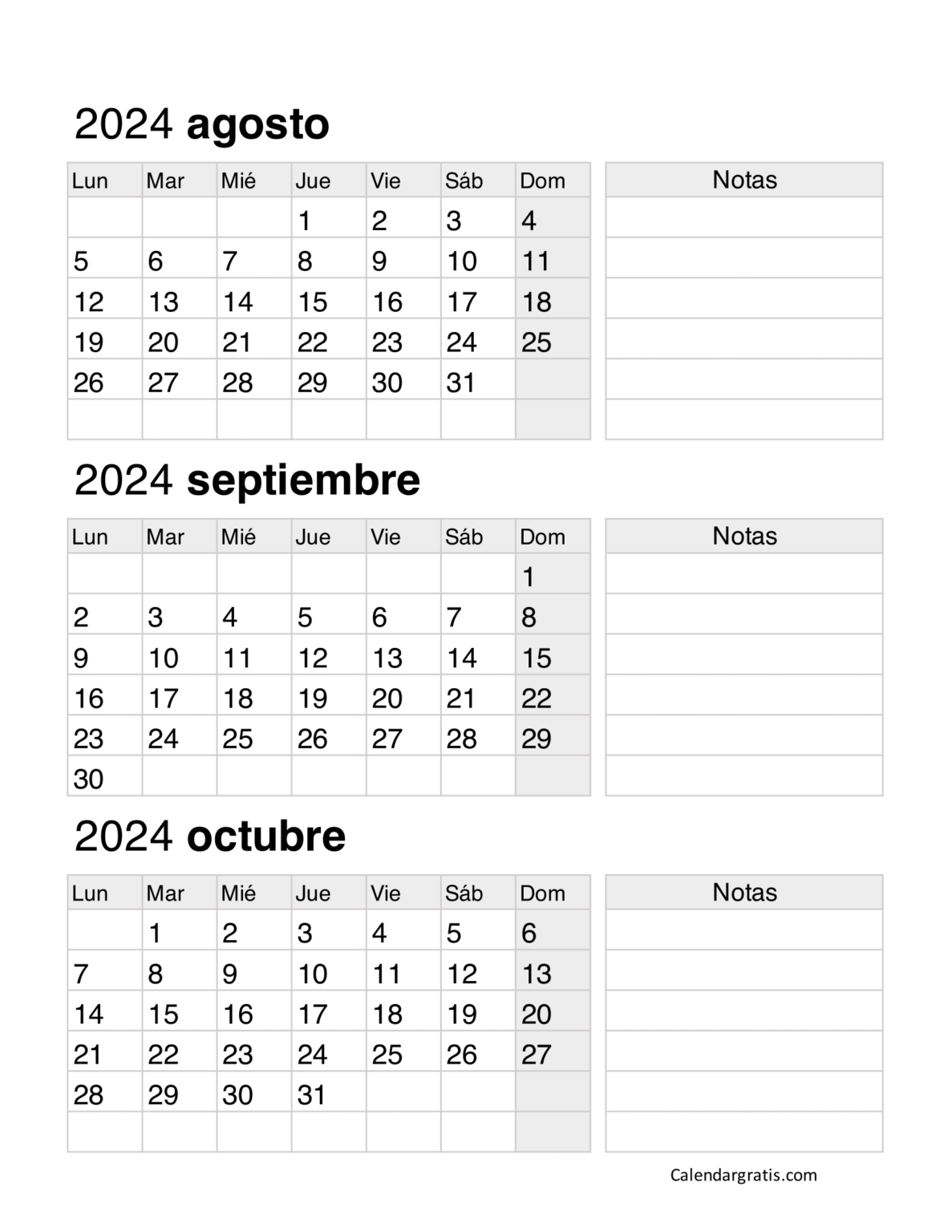 Calendario agosto septiembre y octubre 2024 Excel, PDF y PNG