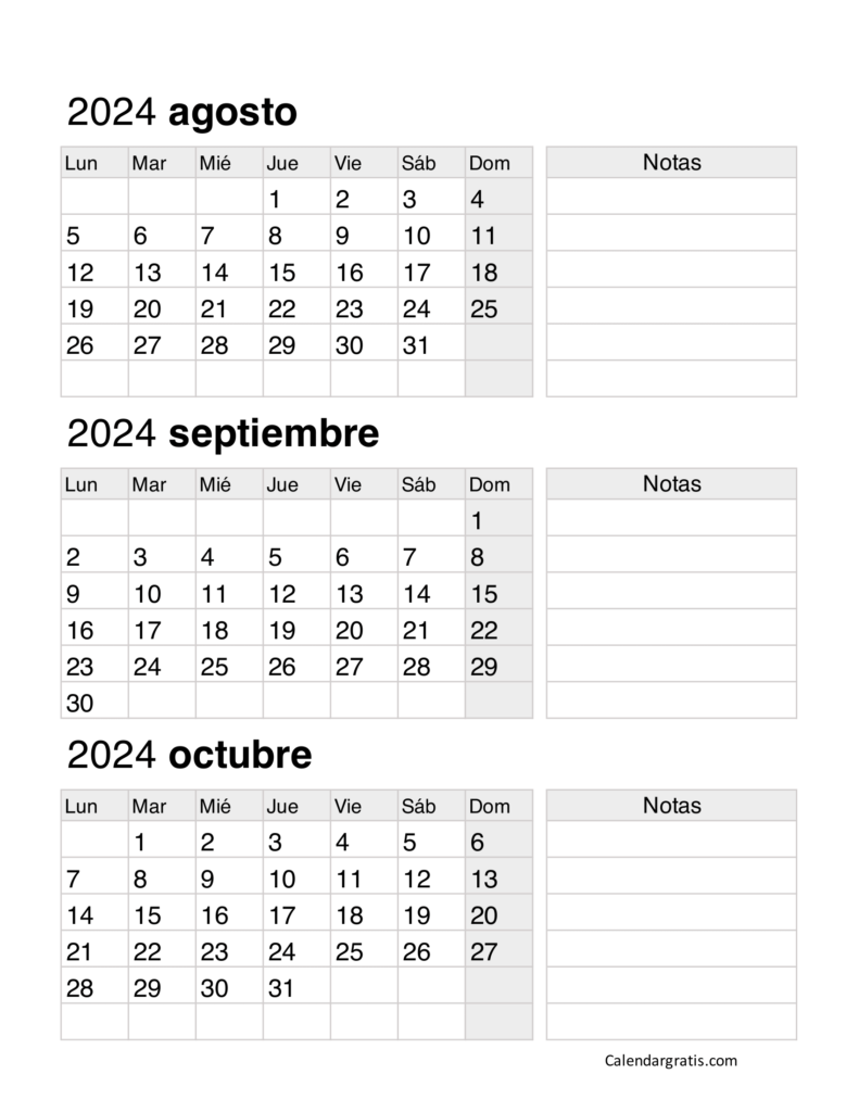 Calendario agosto septiembre y octubre 2024 gratis