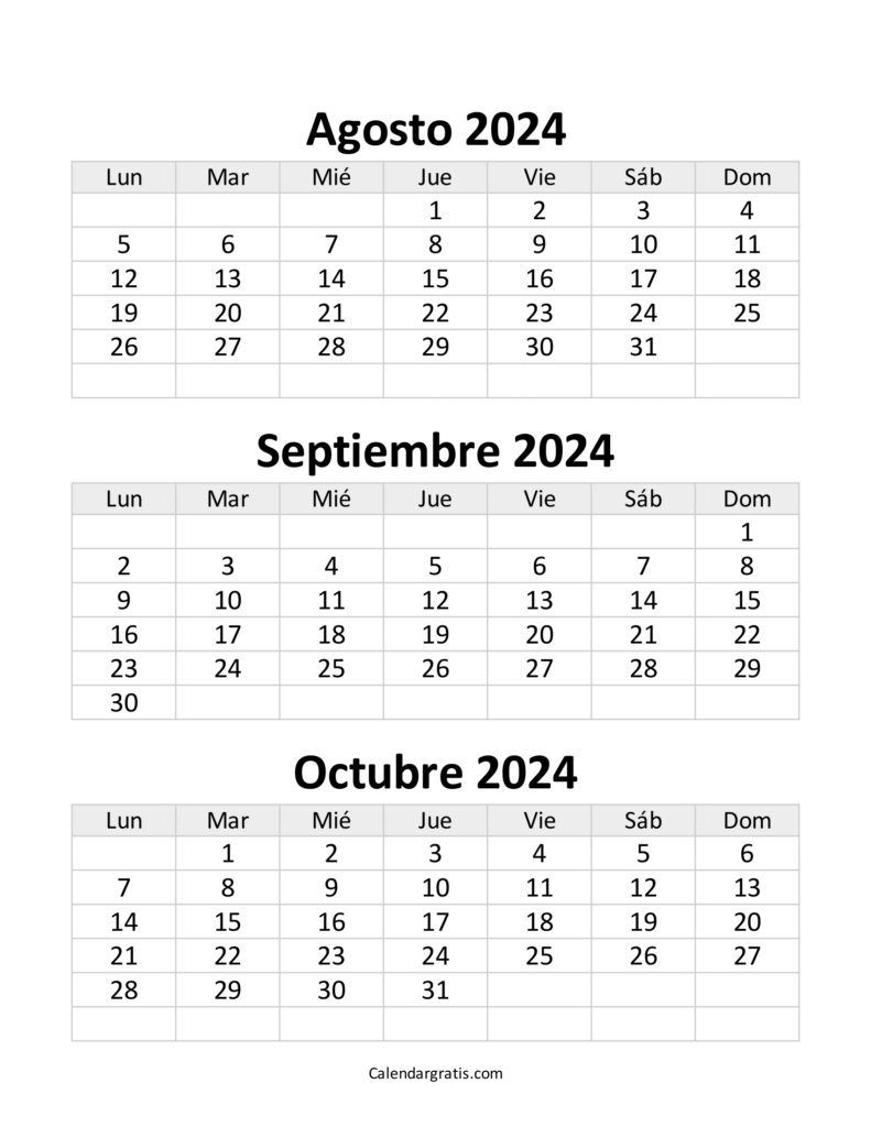 Calendario agosto septiembre y octubre 2024 Excel, PDF y PNG