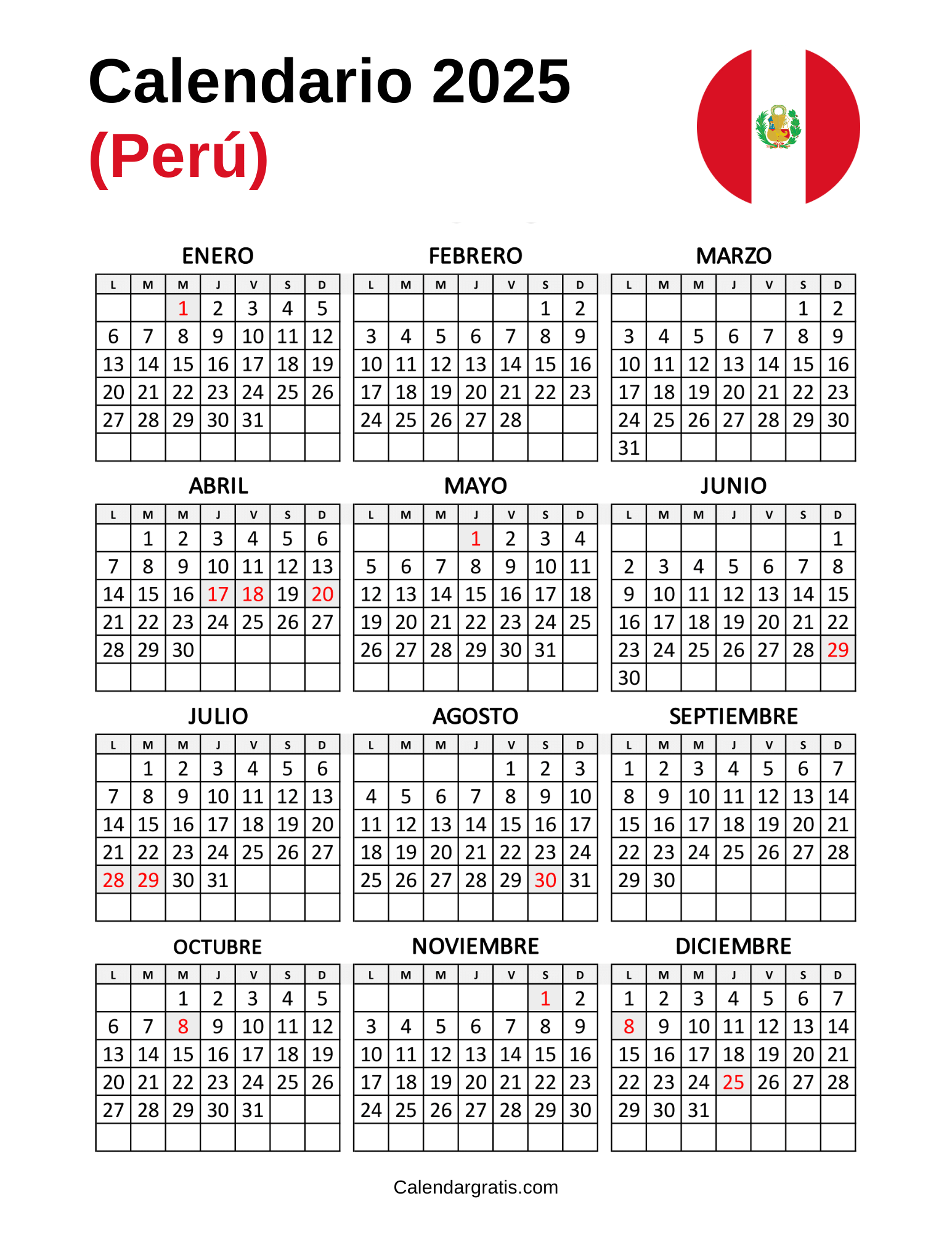 Calendario anual 2025 Perú
