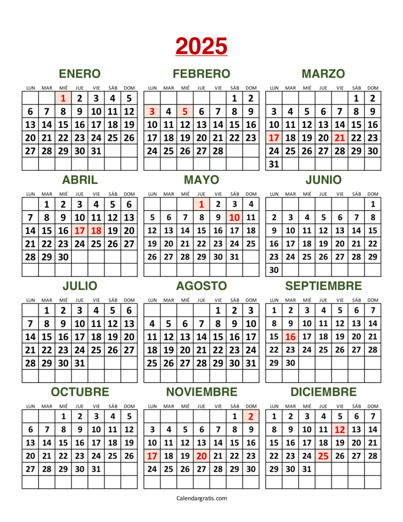 Calendario de México año 2025