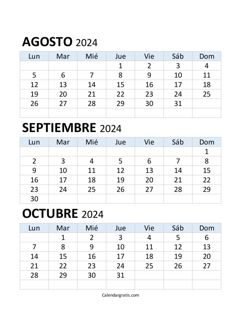 Calendario de agosto septiembre y octubre 2024