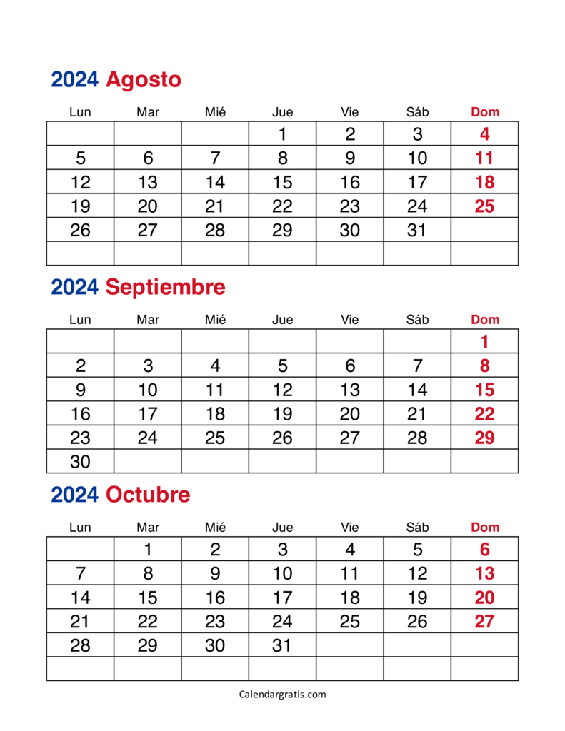 Calendario de agosto septiembre y octubre 2024 Colombia